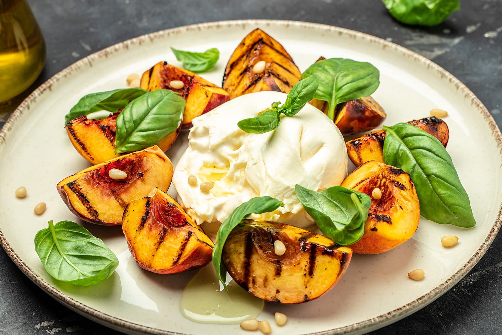 Grilled Stone Fruit with Burrata and Smoldering Fig Dust Blend
