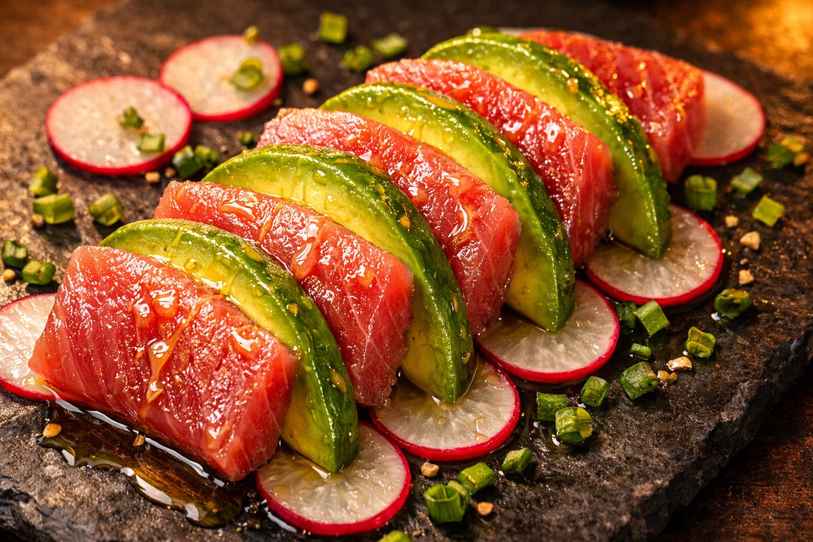 Tuna Crudo with Avocado, Sesame, and Scarlet Citrus Fire